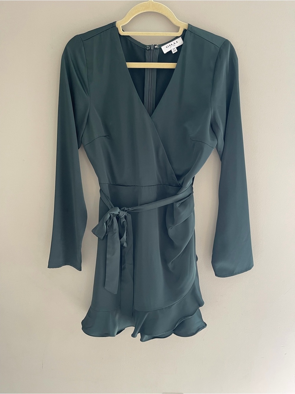 Gilli Dark Teal Long-Sleeve Wrap Mini Dress